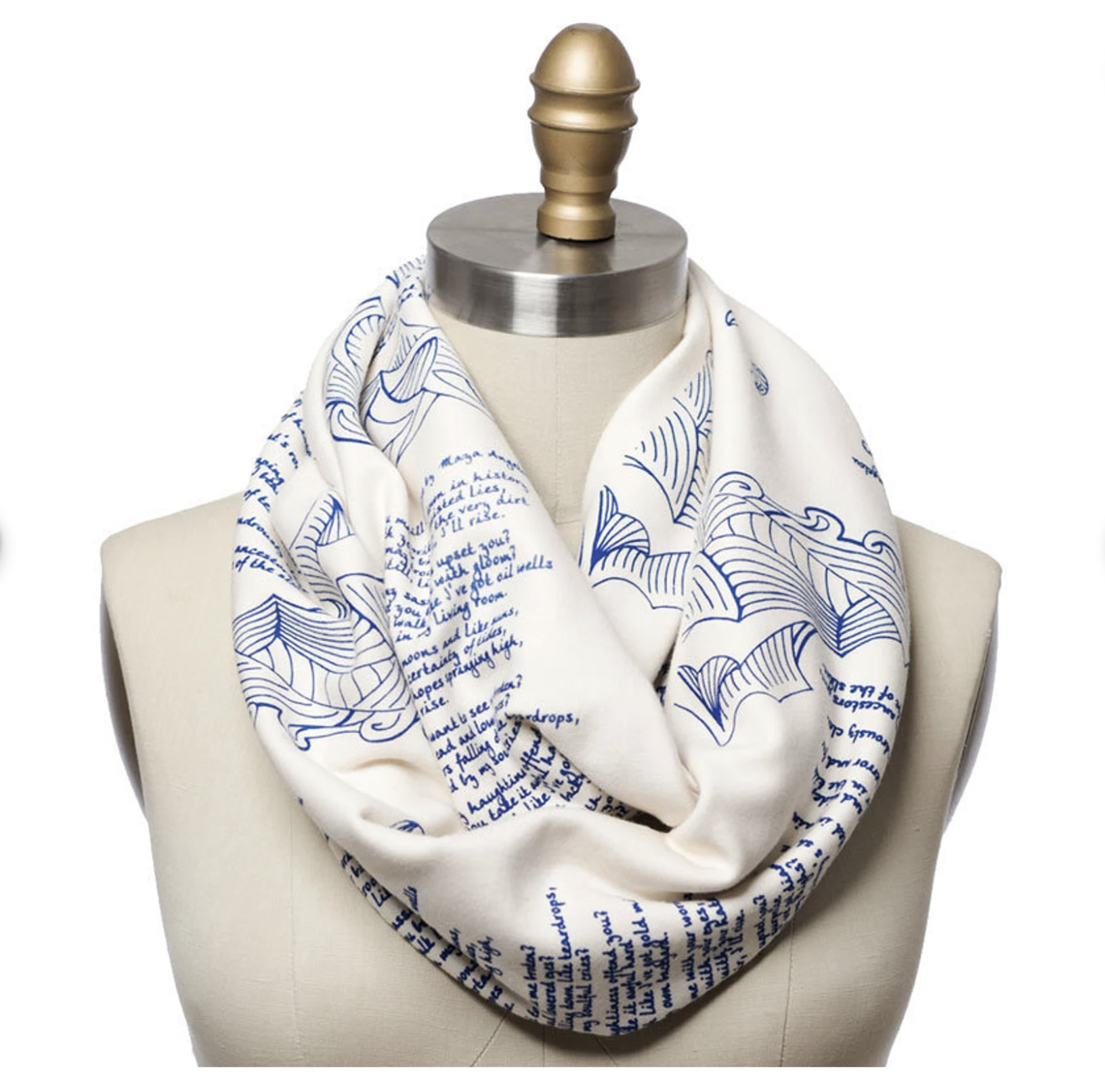 White infinity scarf featuring royal blue text and illustrations from Maya Angelou's poem "Still I Rise." 