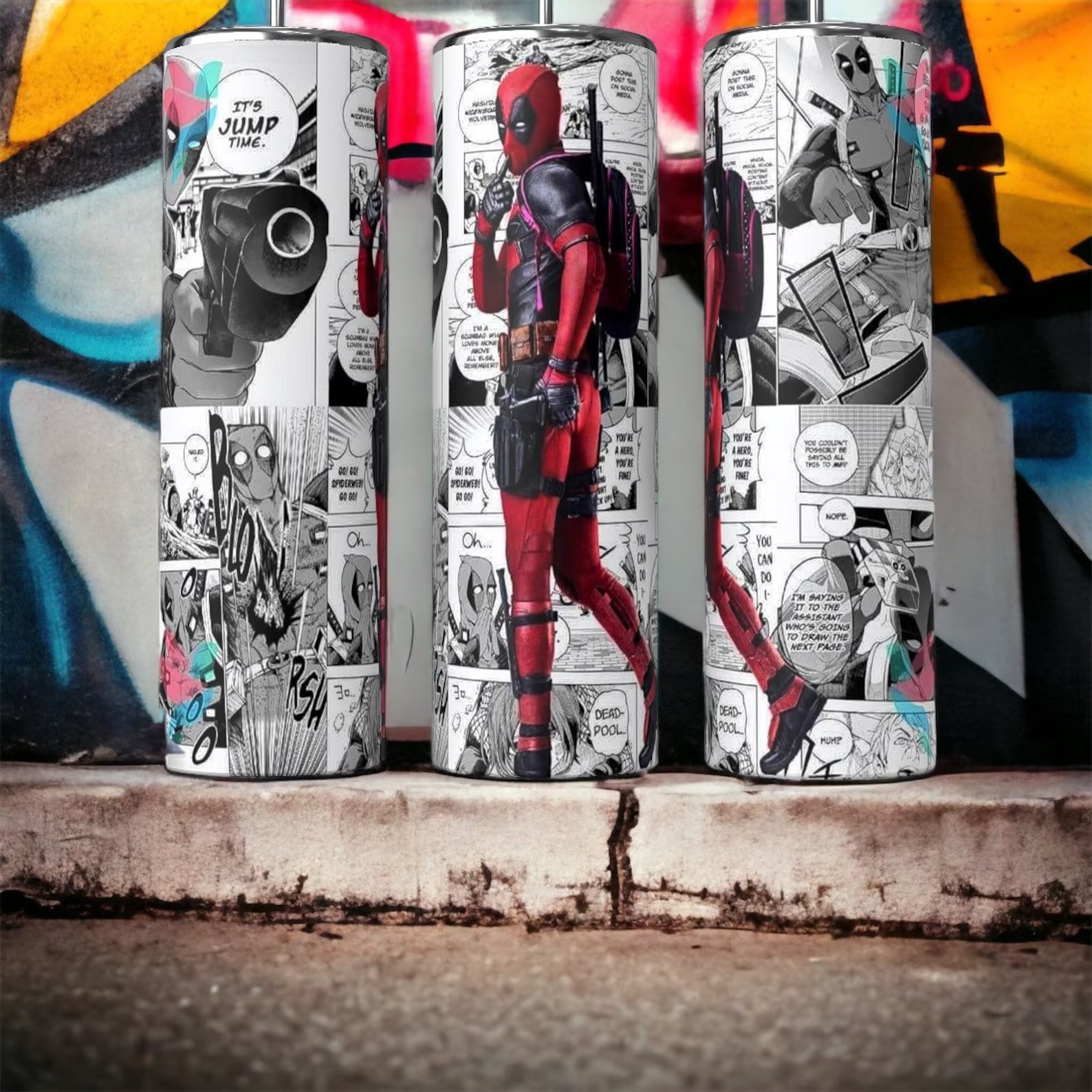 Three different angles of a tumbler featuring a full-color image of Ryan Reynold's Deadpool against a backdrop of black-and-white comic book panels