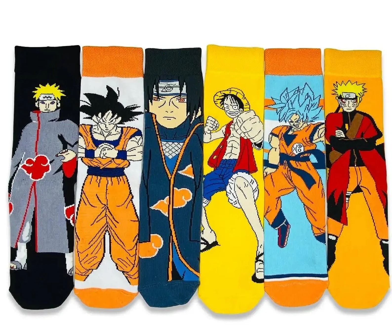 Six pairs of socks, each featuring a different anime character