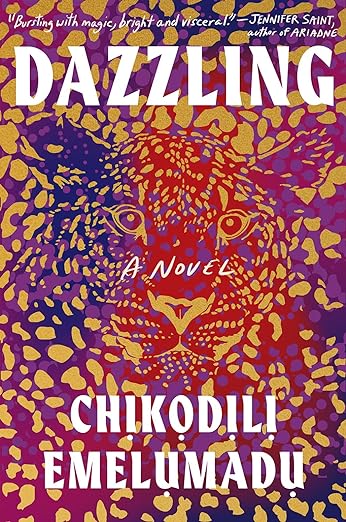 cover of Dazzling by Chikodili Emelumadu; illustration done in gold, pink, and purple of leopard camouflaged by spots