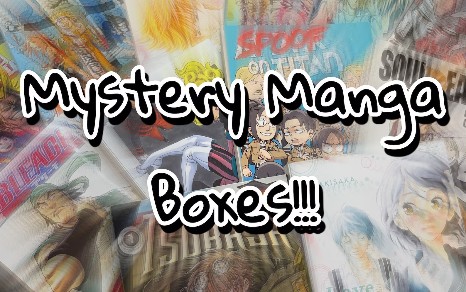 An image of several blurry manga covers overlaid with the words "mystery manga boxes!!!"