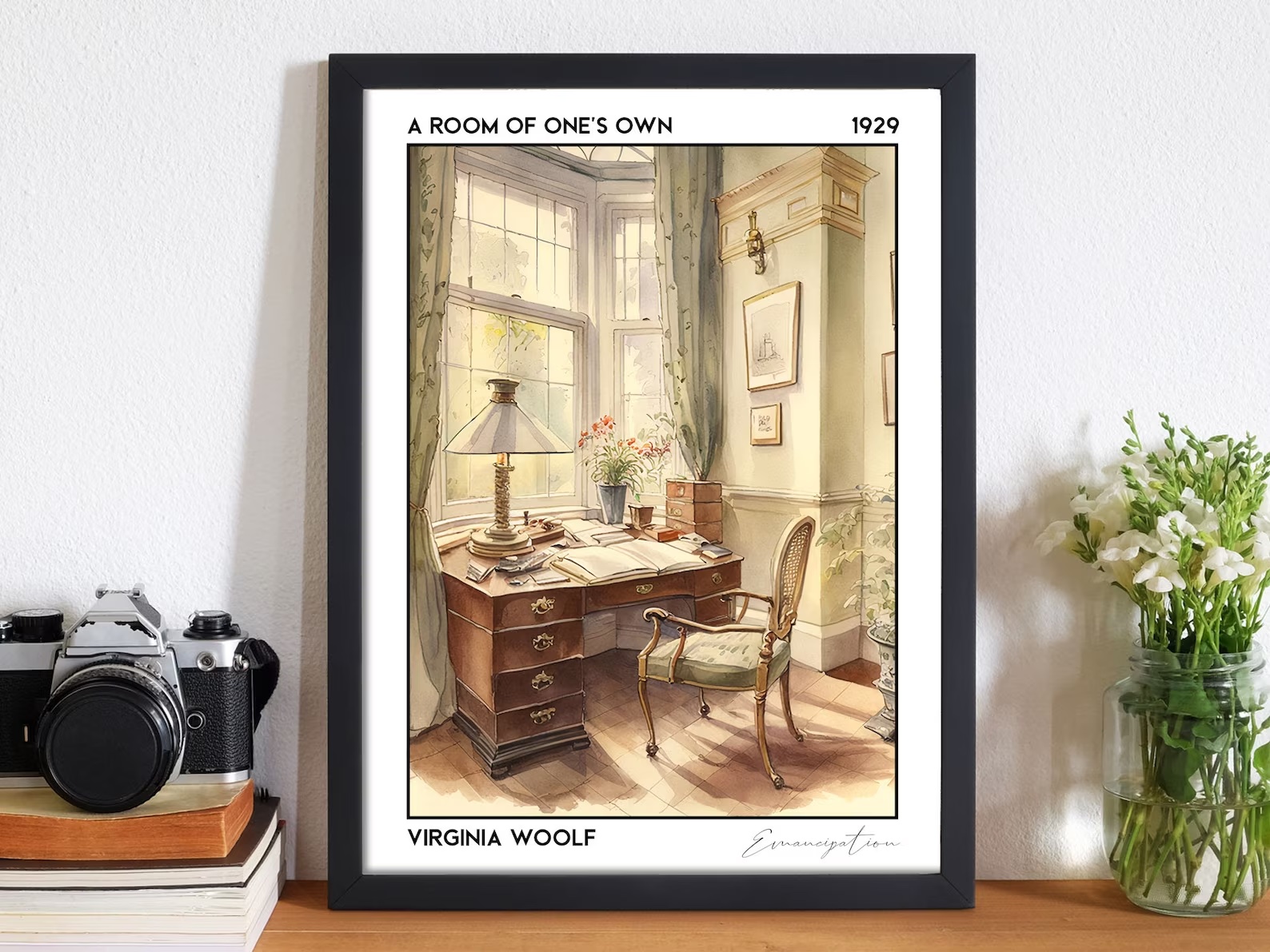 a photo of an illustration of a desk set up near a bright window. Text of above the illustration reads, "A Room of One's Own."