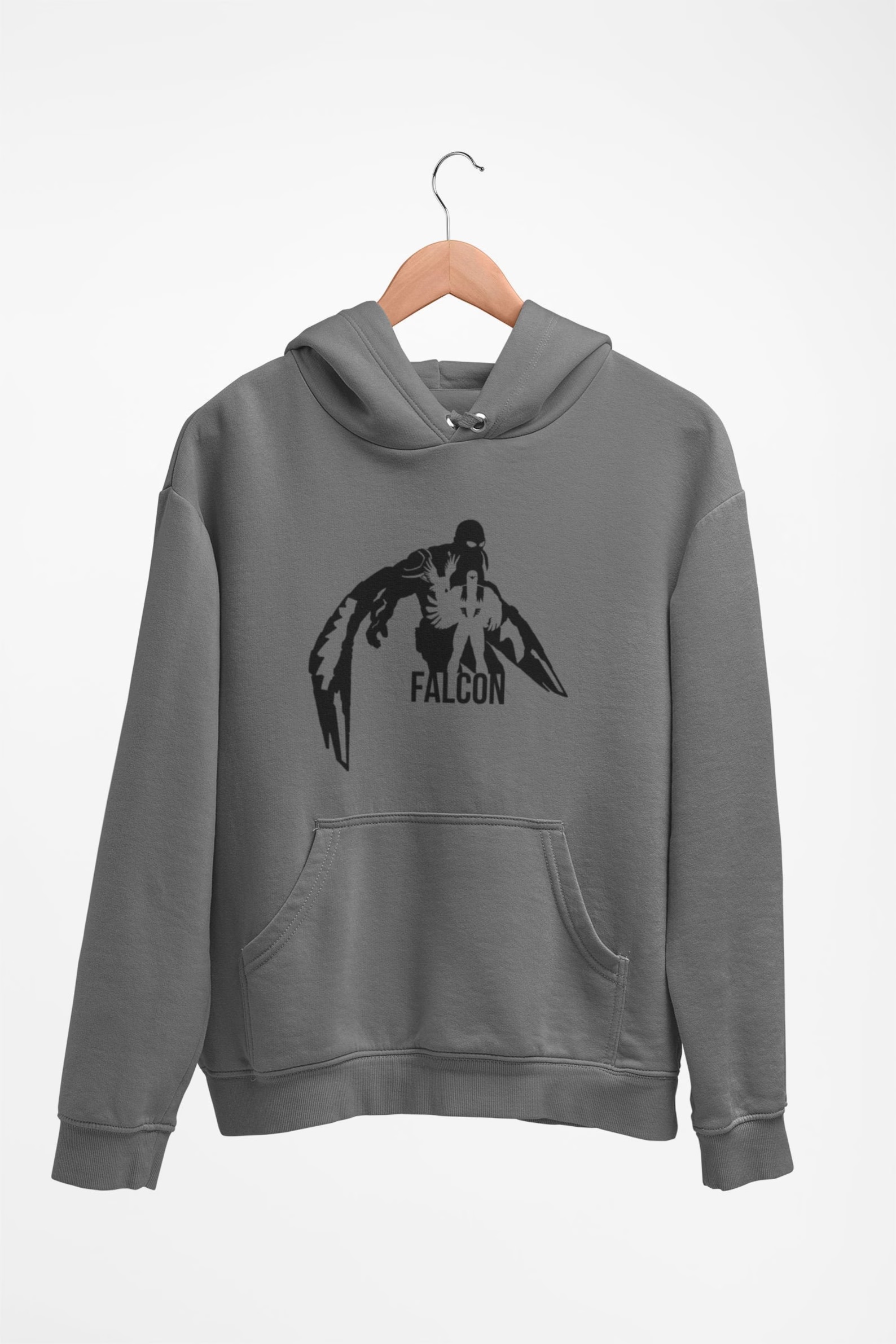 A gray hoodie with two superimposed silhouettes of the Falcon. The word "Falcon" is printed underneath