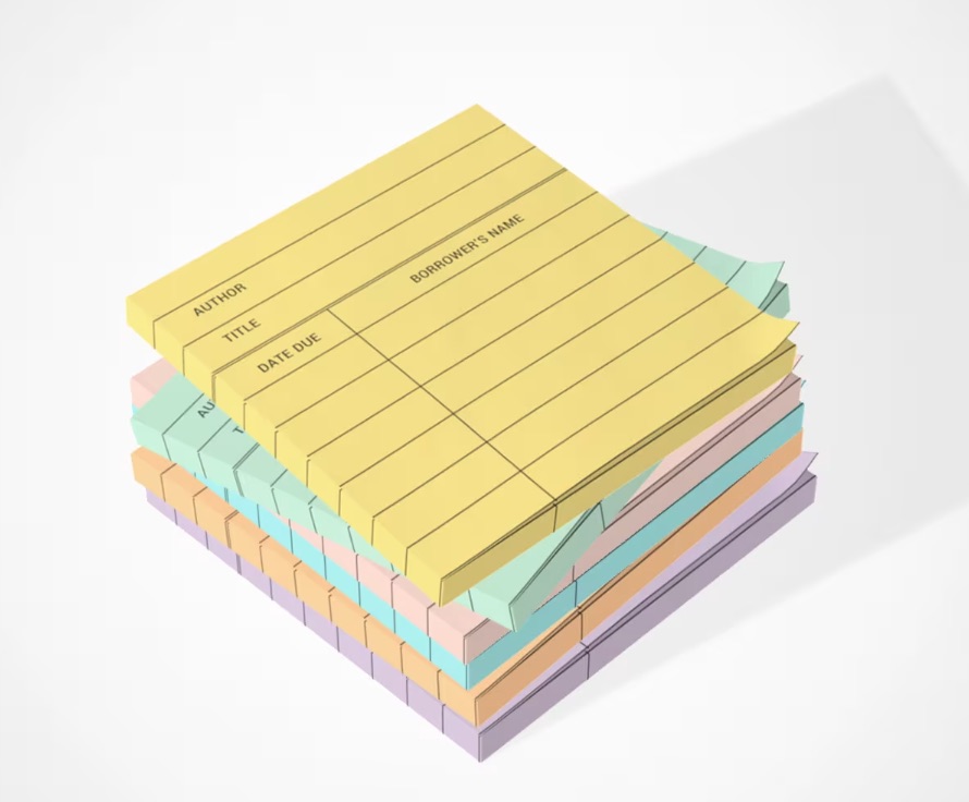 Image of a stack of sticky notes with a library check out card design