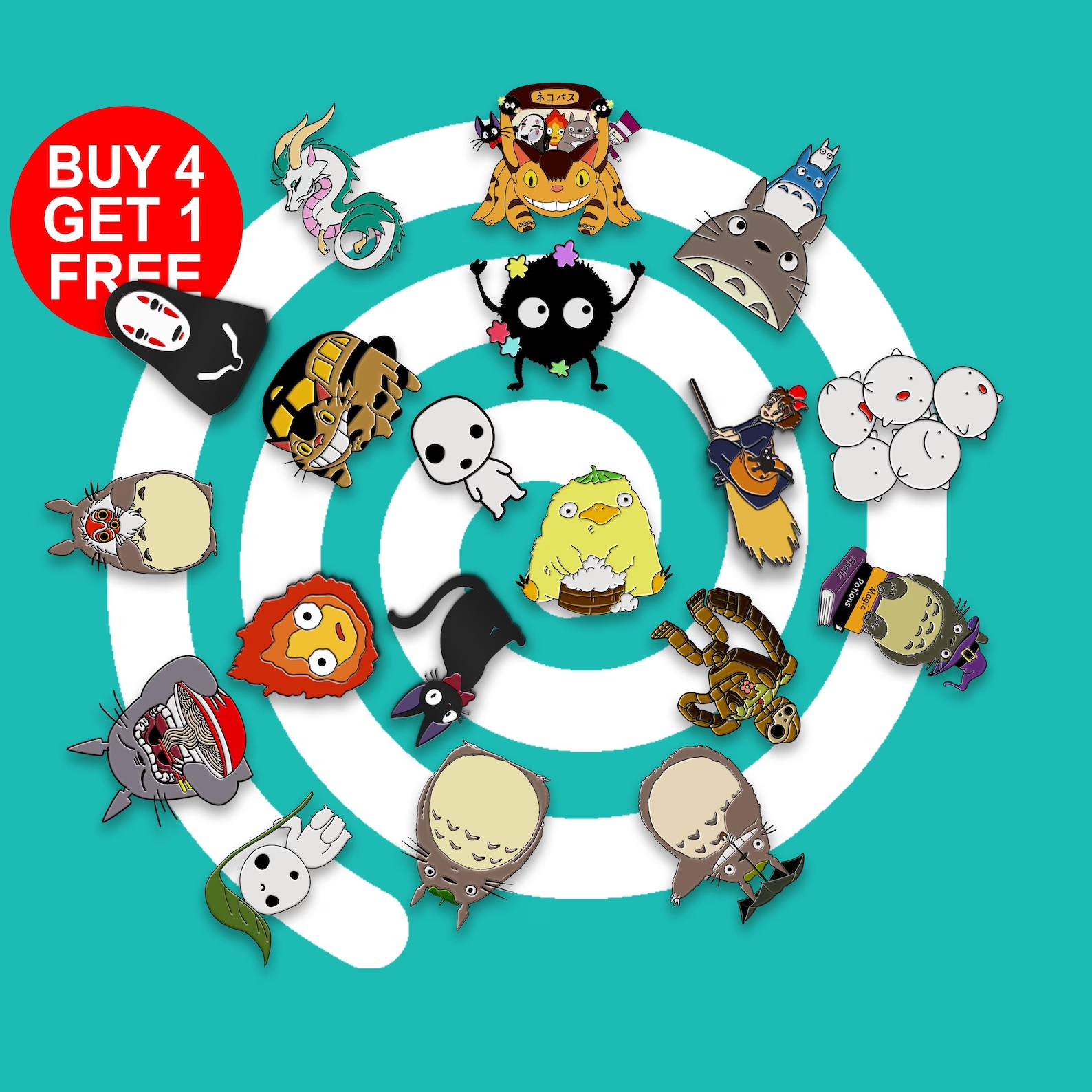 A spiral of enamel pins, each featuring a different Ghibli character