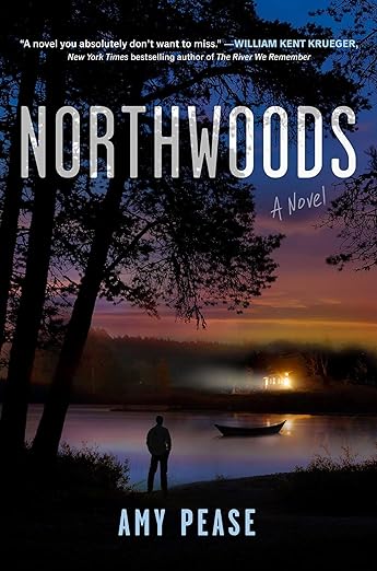 cover of Northwoods by Amy Pease; image of shadow of a man standing in front of a lake at sunset