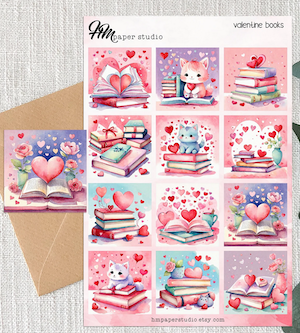 a sticker sheet with 12 stickers with illustrations of kittens and books and hearts