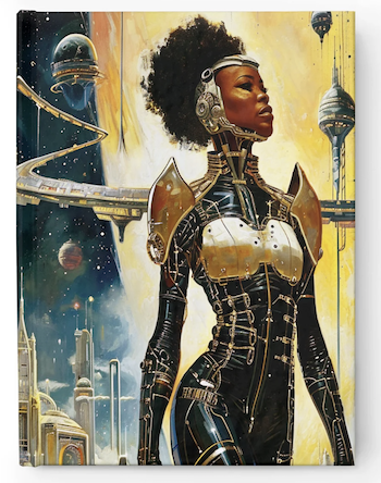 a journal cover showing a Black person wearing futuristic clothing with a galaxy scene behind them