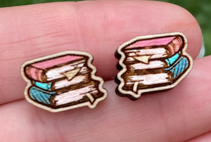 book stud earrings of three books stacked on each other