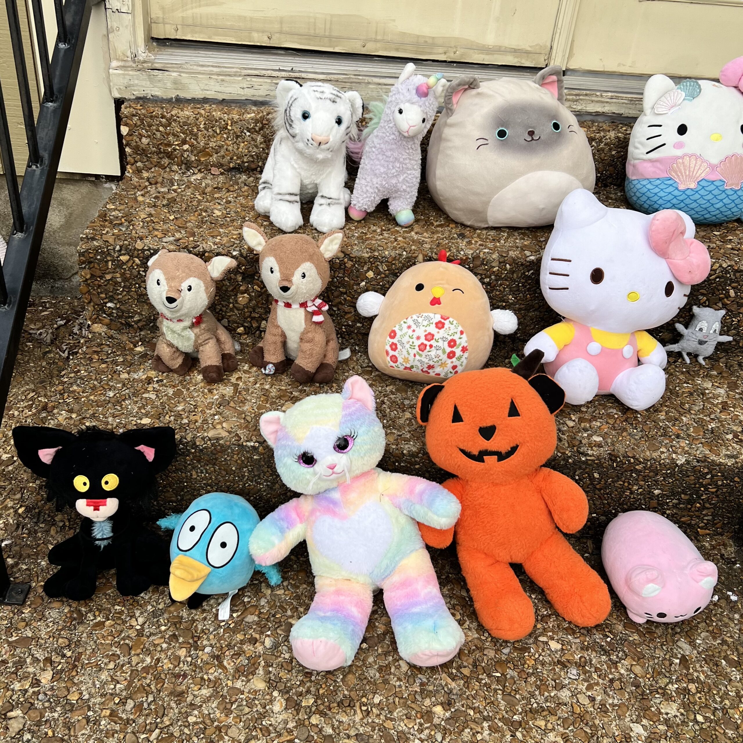a photo of about a dozen stuffed animals lined up on three steps like a class picture