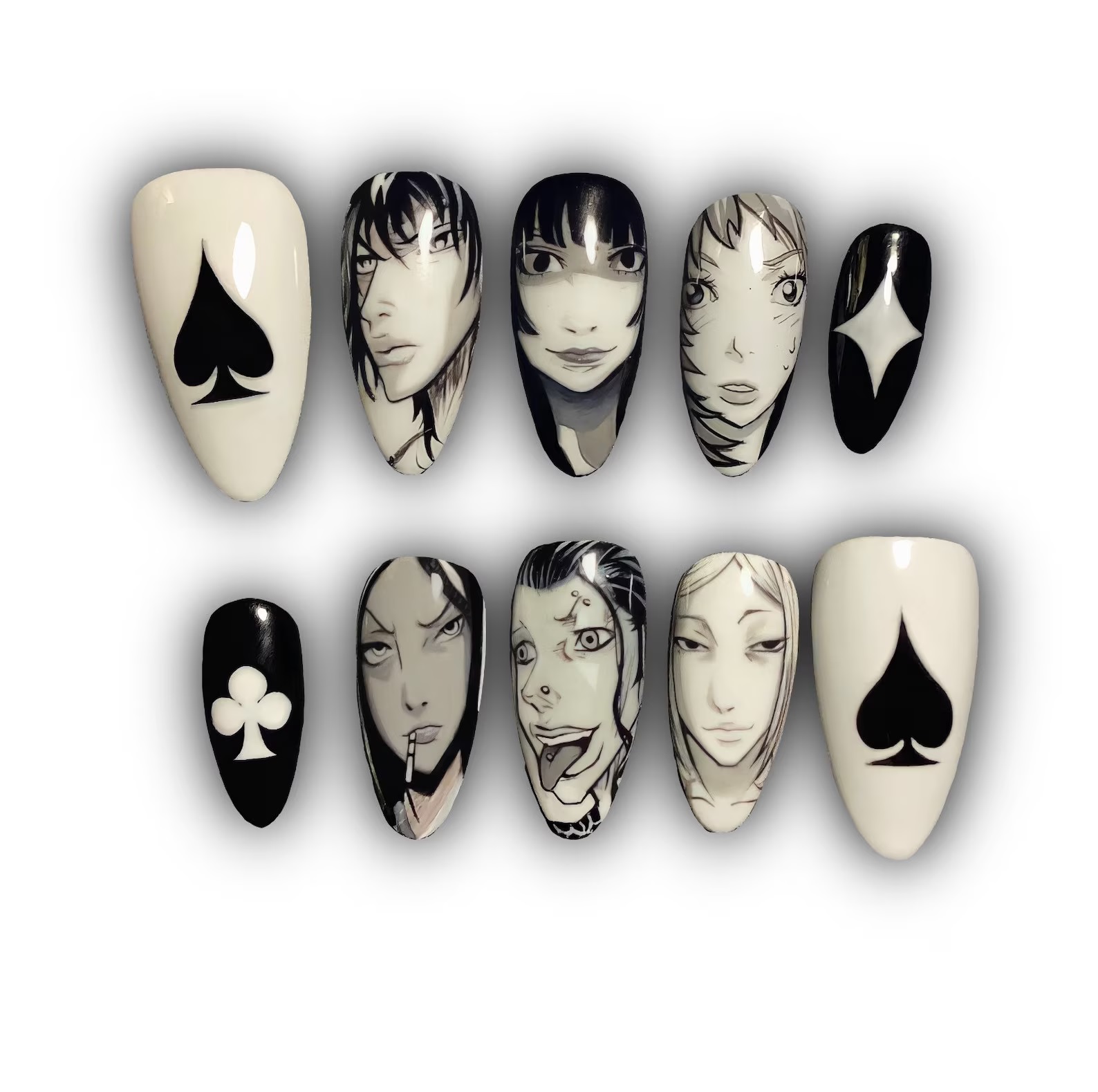 A set of black-and-white fake nails, each with a different character or symbol taken from the manga/anime Alice in Borderland