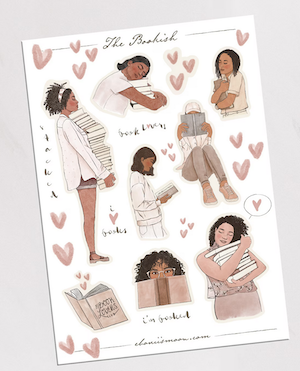 a sticker sheet with 8 bookish stickers including of Black women reading and hugging books