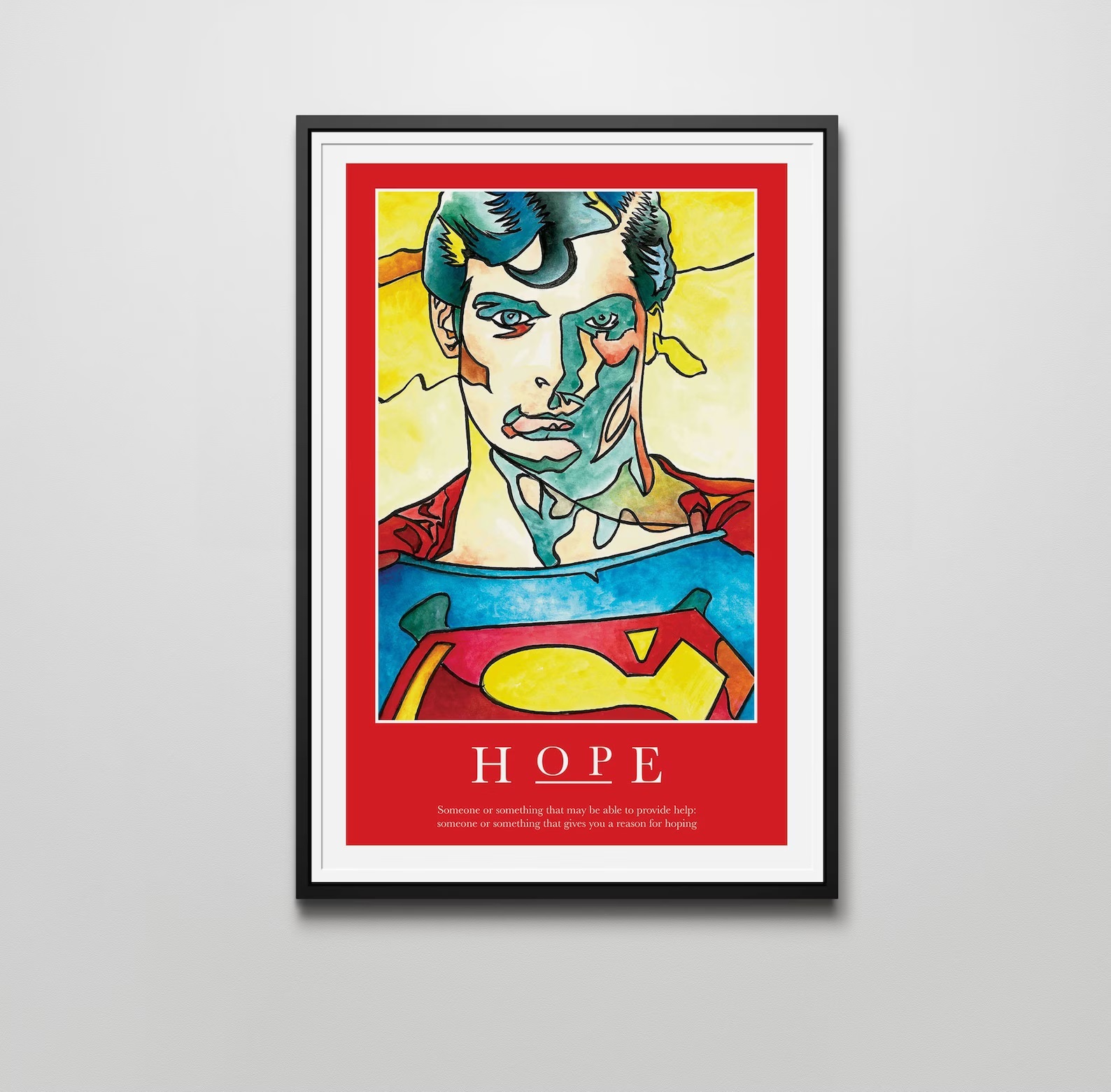 A poster featuring a head shot of Chris Reeve's Superman rendered like stained glass. At the bottom, it reads "HOPE: Someone or something that may be able to provide help; someone or something that gives you a reason for hoping"