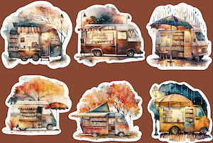 6 stickers with watercolor style illustrations of bookmobiles in different weather