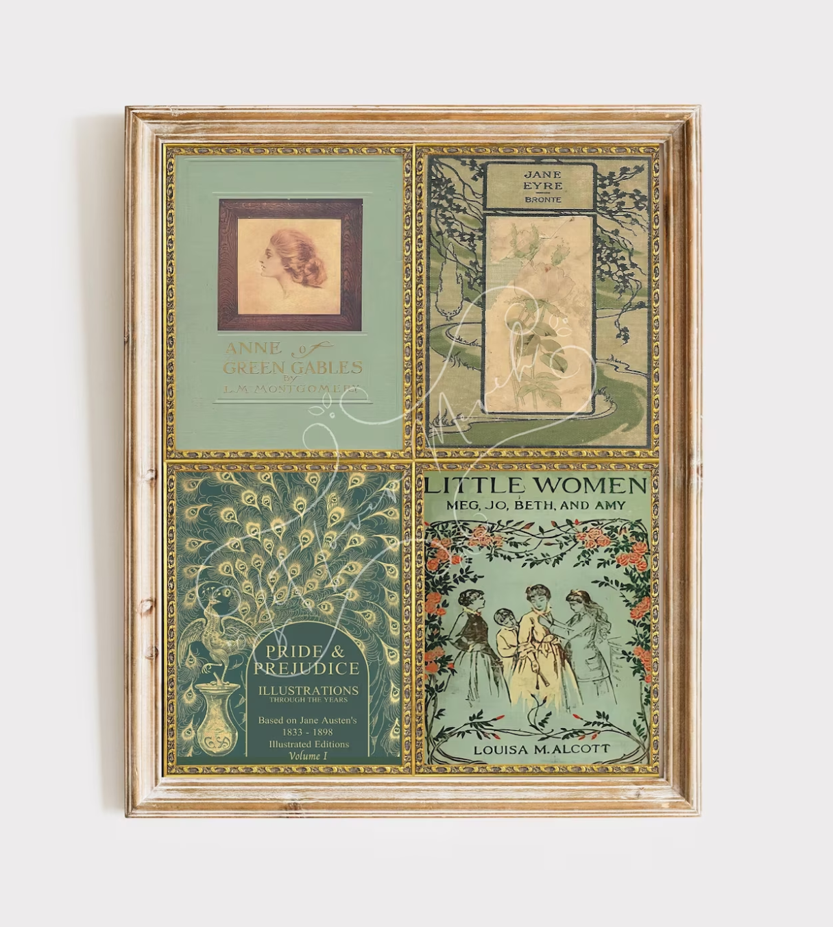 A framed print of four vintage book covers in shades of teal, mint, and green. The book covers are Anne of Green Gables, Jane Eyre, Pride and prejudice, and Little Women.