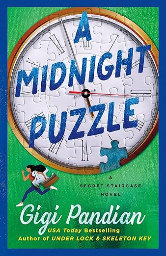 cover of A Midnight Puzzle: A Secret Staircase Mystery; illustration of clock made of puzzle pieces and woman at the bottom running away with a puzzle piece