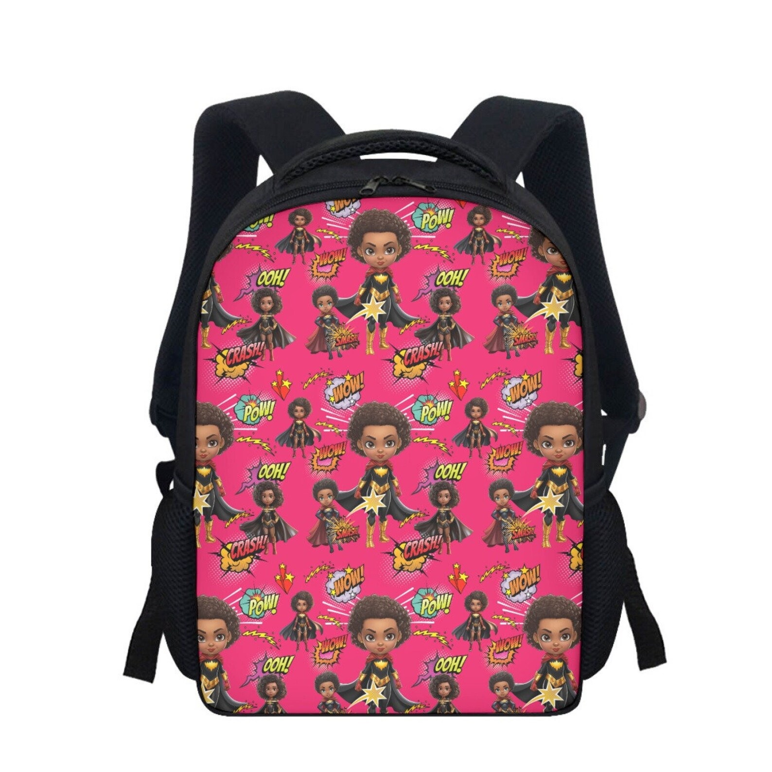 A black backpack with a pink front that contains repeating images of a little Black girl in a superhero costume standing among various onomatopoeias