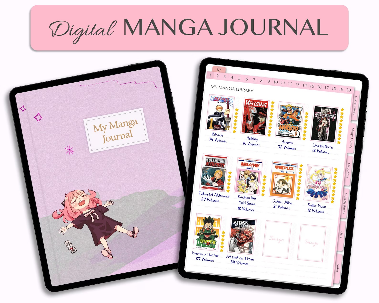 An image of two iPads. One shows an image of the cover to My Manga Journal, featuring a cartoon girl lying back exhausted with a remote control beside her. The other shows an image of the manga library, complete with cover images, tabs, and star ratings.