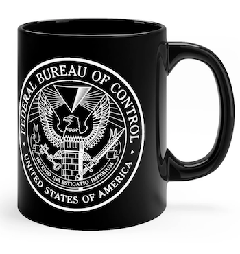 a mug with the logo of the Federal Bureau of Control