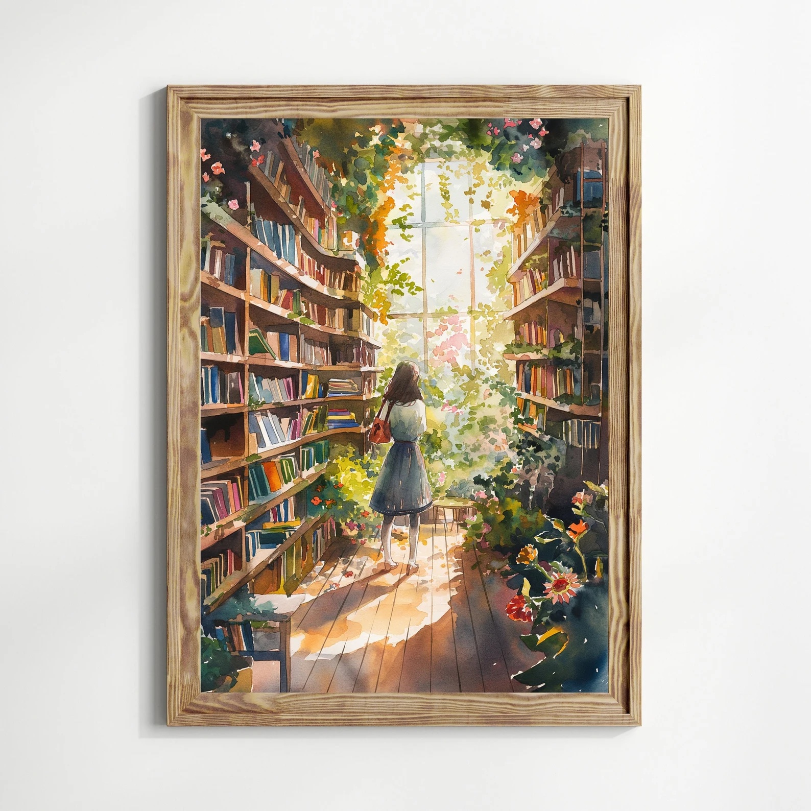 a graphic of an art print that features a young girl walking through a library and into the light of a garden