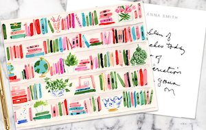 notecards with watercolor image of bookshelves filled with books and plants 