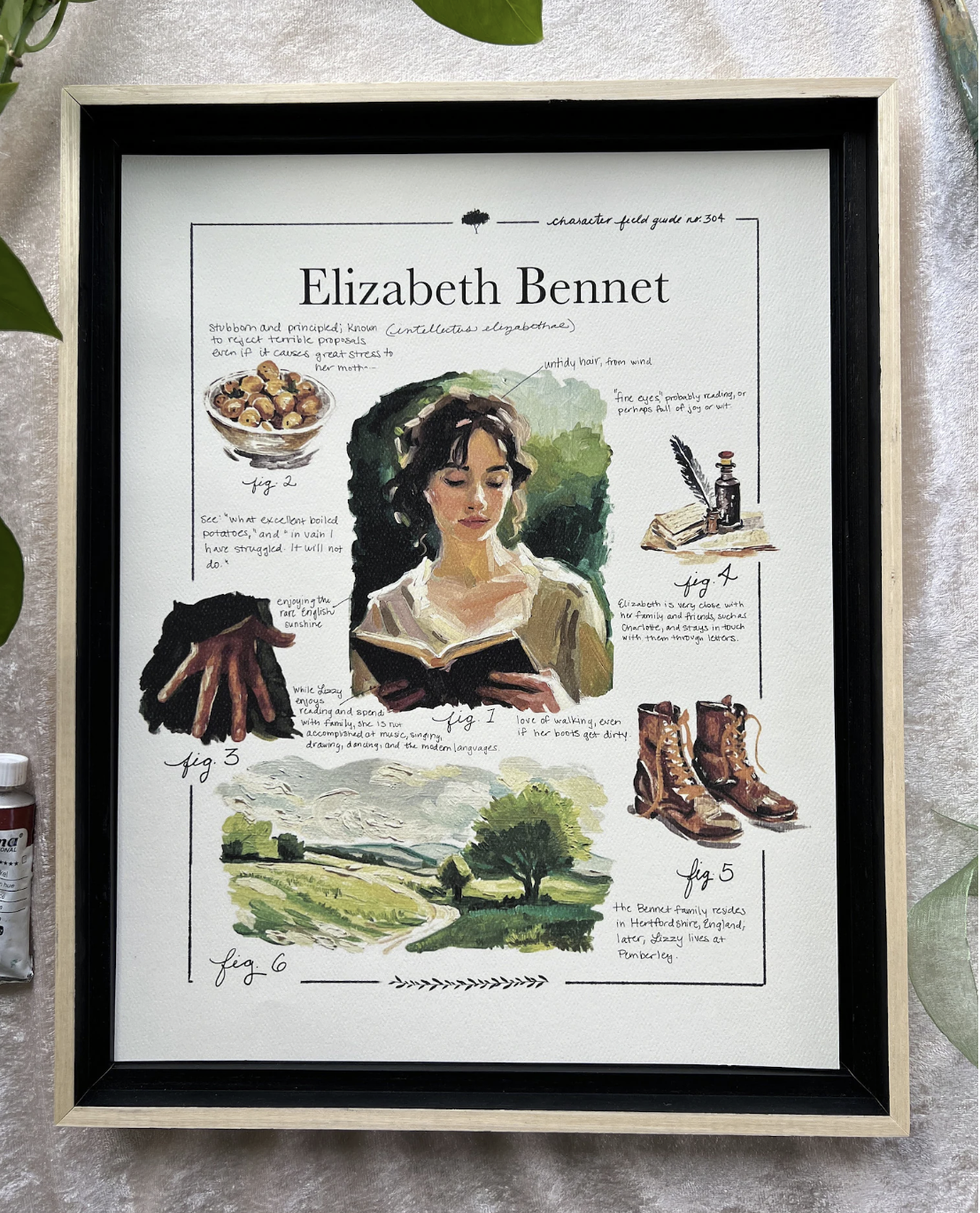 A framed print of artwork featuring an illustration of Elizabeth Bennett alongside iconic moments from the book and movie such as her such as boiled potatoes, Darcy's hand, and the English countryside along with short descriptions of each. 