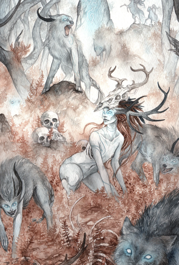 Wild Hunt Watercolor Print showing howling wolves, skulls, and a crouching humanoid with antlers hunting in a forest