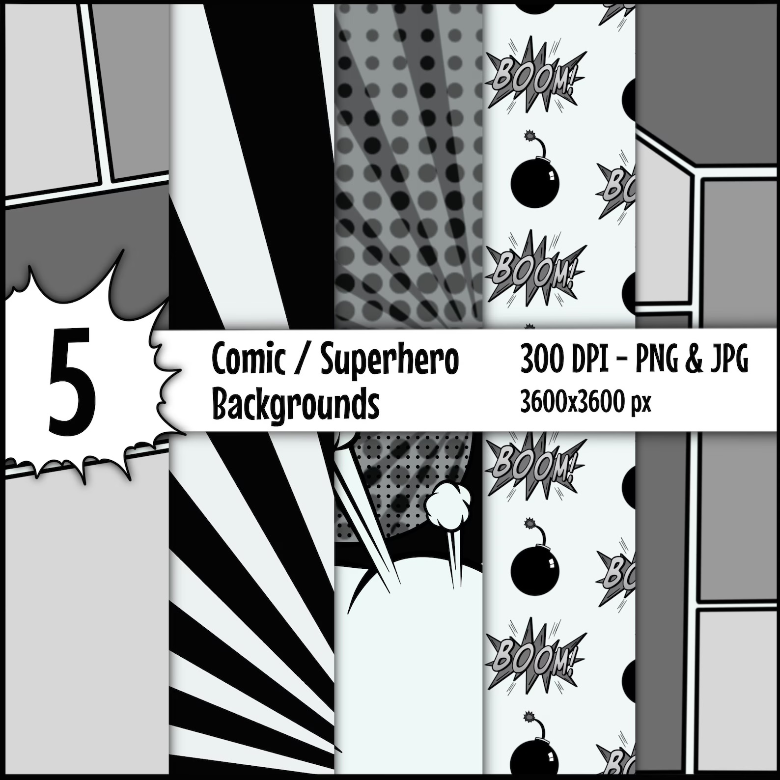 A sampling of black-and-white patterns based on superhero comics. The themes include onomatopoeias, comic panels, and lines of excitement