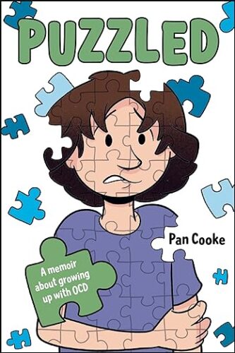 cover of Puzzled: A Memoir of Growing Up with OCD; illustration of a young boy with brown hair and a purple shirt, with jigsaw puzzle pieces drawn over him