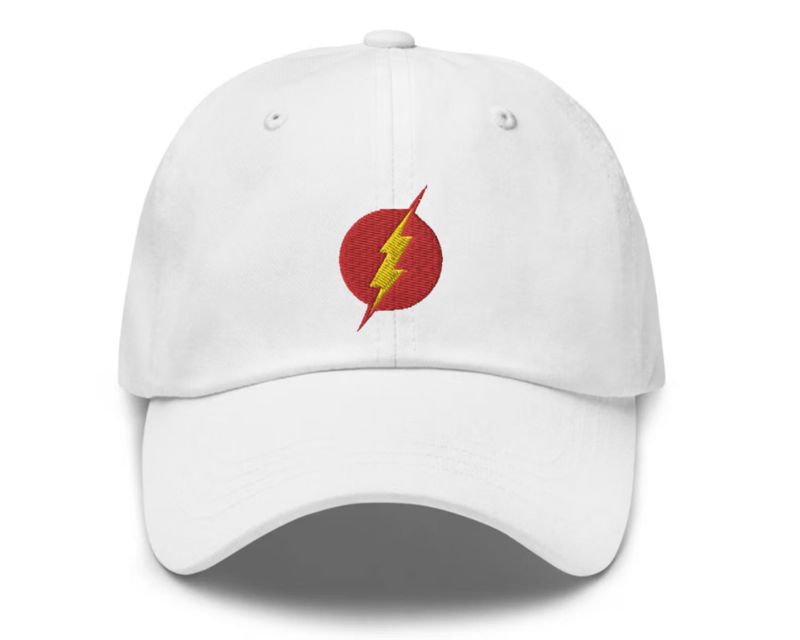 A white baseball cap with an image of Flash's logo just above the brim