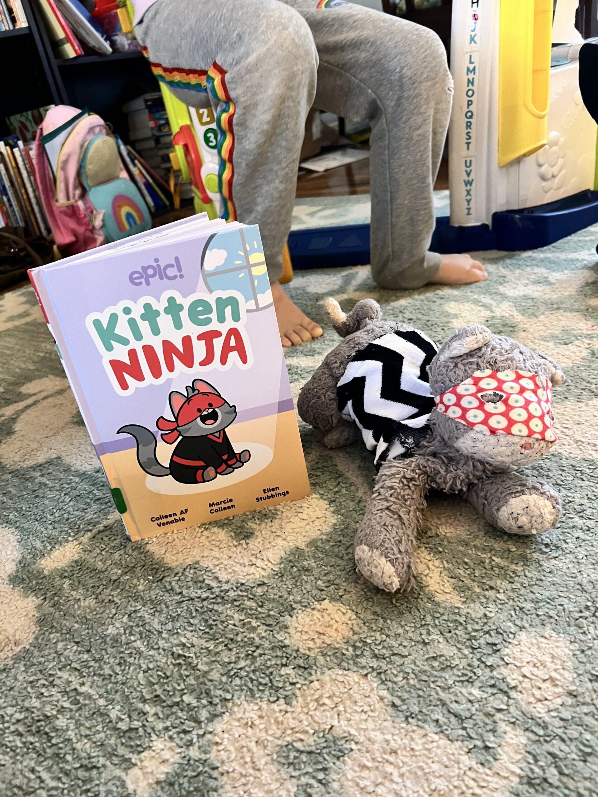 a photo of the book Kitten Ninja with a stuffed animal beside it with a similar mask on