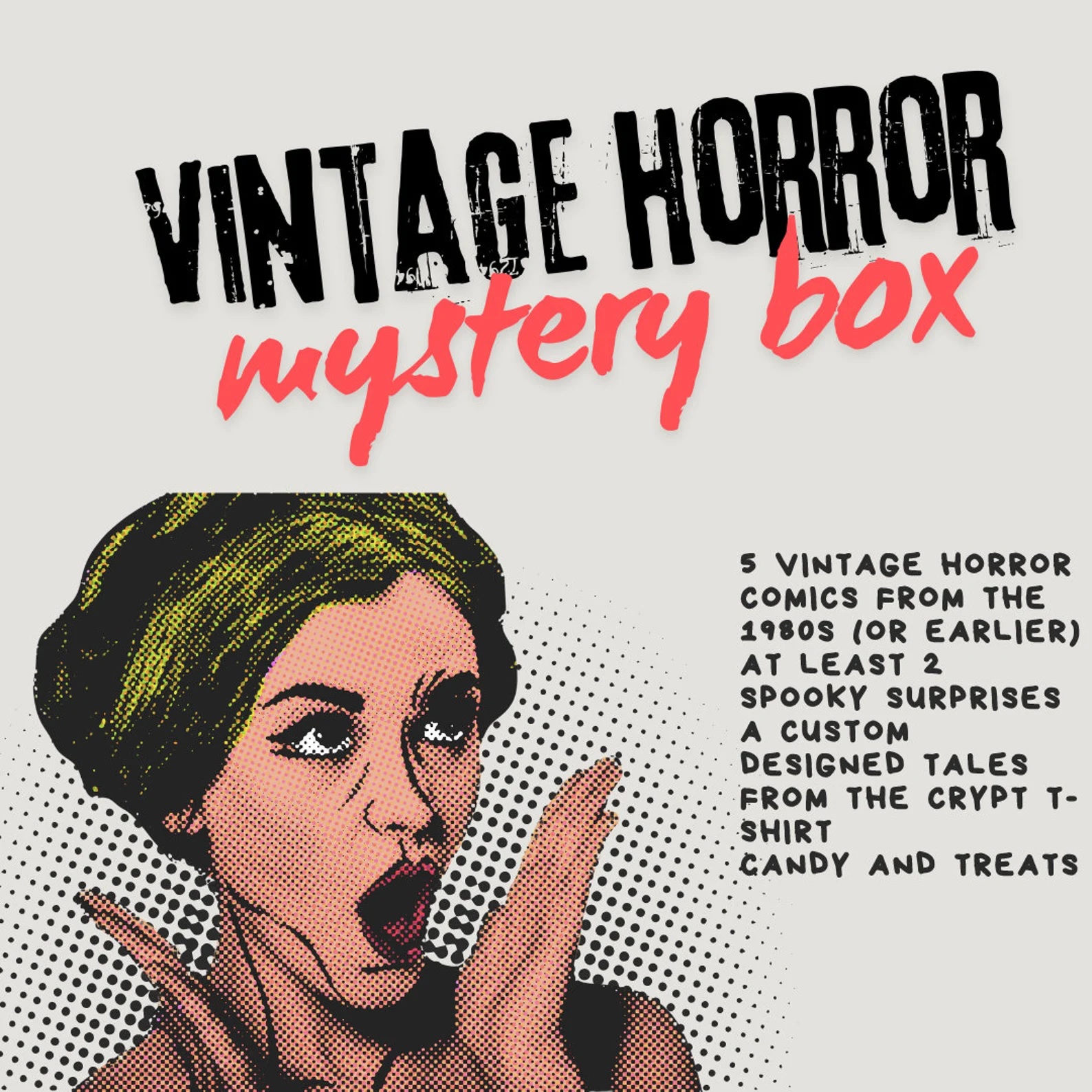 An illustration of a woman reacting with surprise below the words "Vintage Horror mystery box"