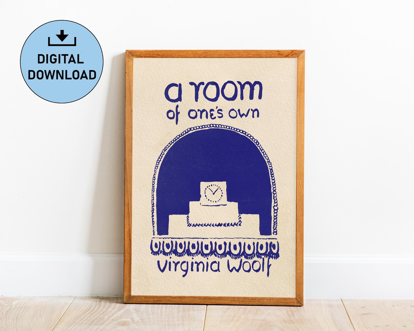 a photo of a picture Fram of the original cover of A Room of One's Own. a little circle features words that say, "printable download."