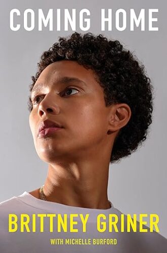 a graphic of the cover of Coming Home by Brittney Griner; photo of author, a young Black woman with short curly hair