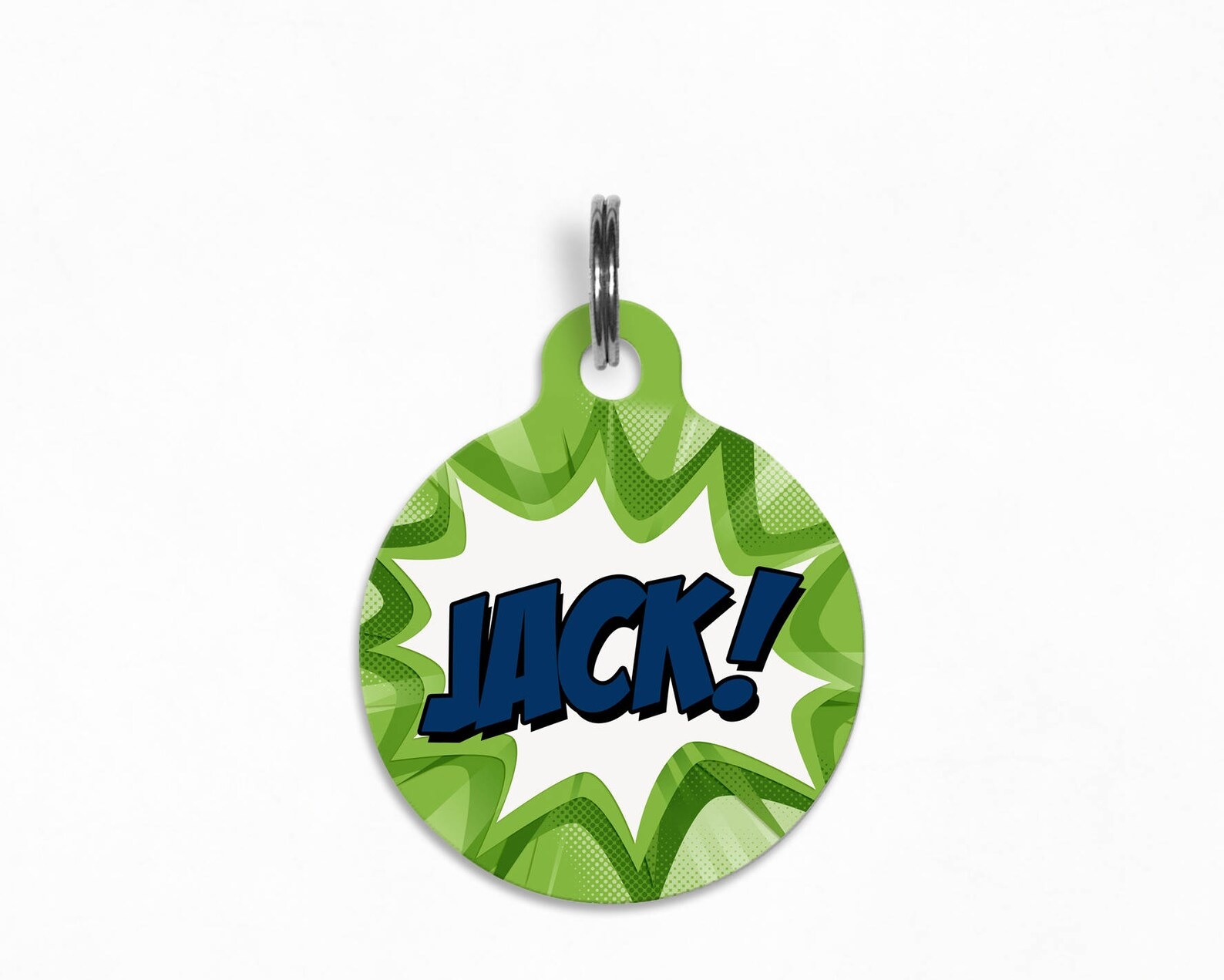 a pet tag with the name Jack! in a comics-style text burst