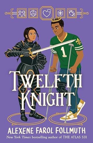 cover of Twelfth Knight by Alexene Farol Follmuth; illustration of a young woman with dark hair in a suit of armor, pointing a sword near a young man with dark hair in a green football jersey and jeans and walking on crutches