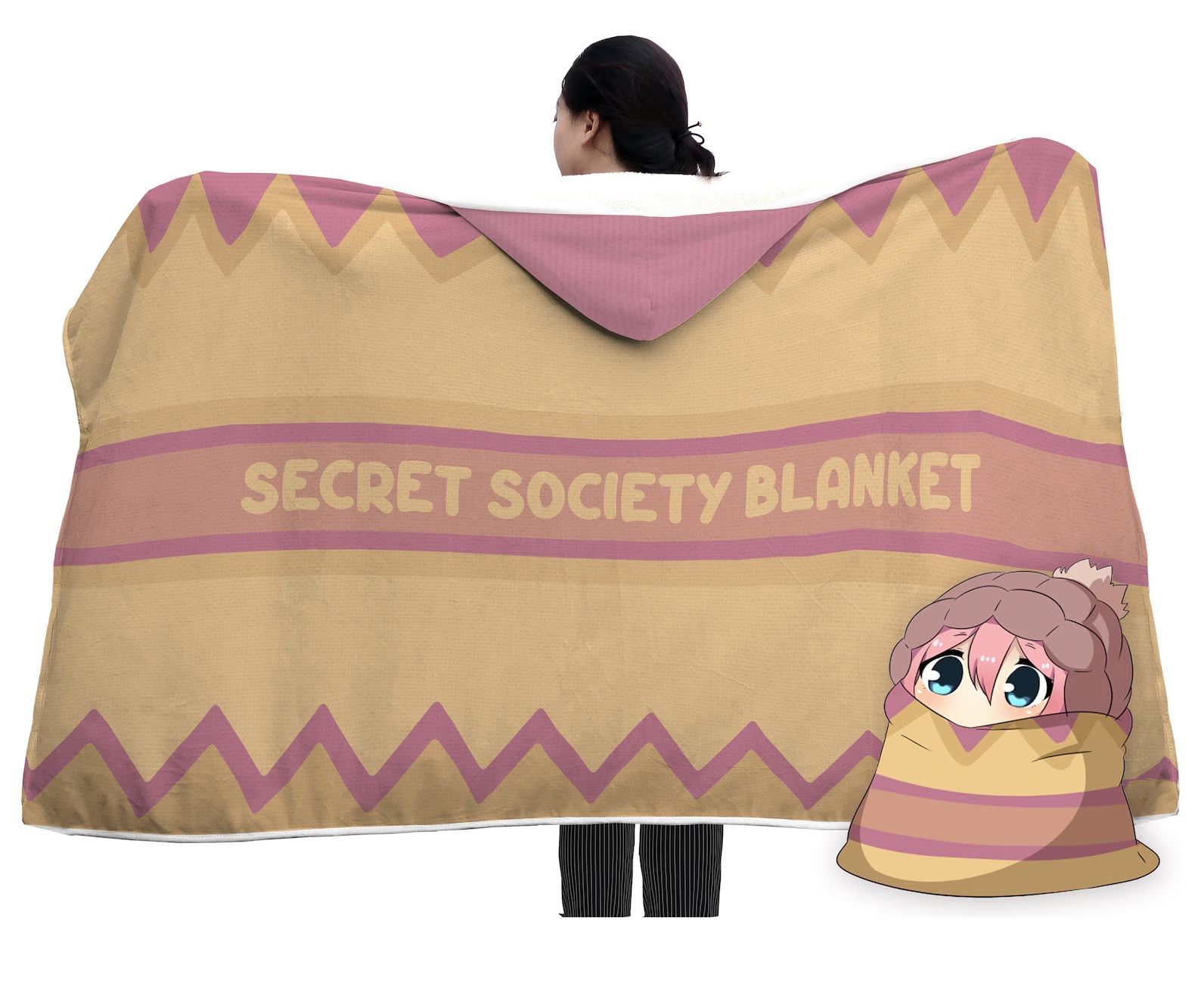 A brown blanket modeled after one from Yuru Camp, with the words "secret society blanket" written across the middle