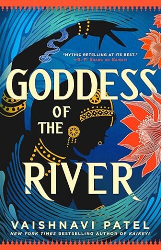 cover of Goddess of the River by Vaishnavi Patel; illustration of black silhouette of woman with gold jewelry and red lotus flowers