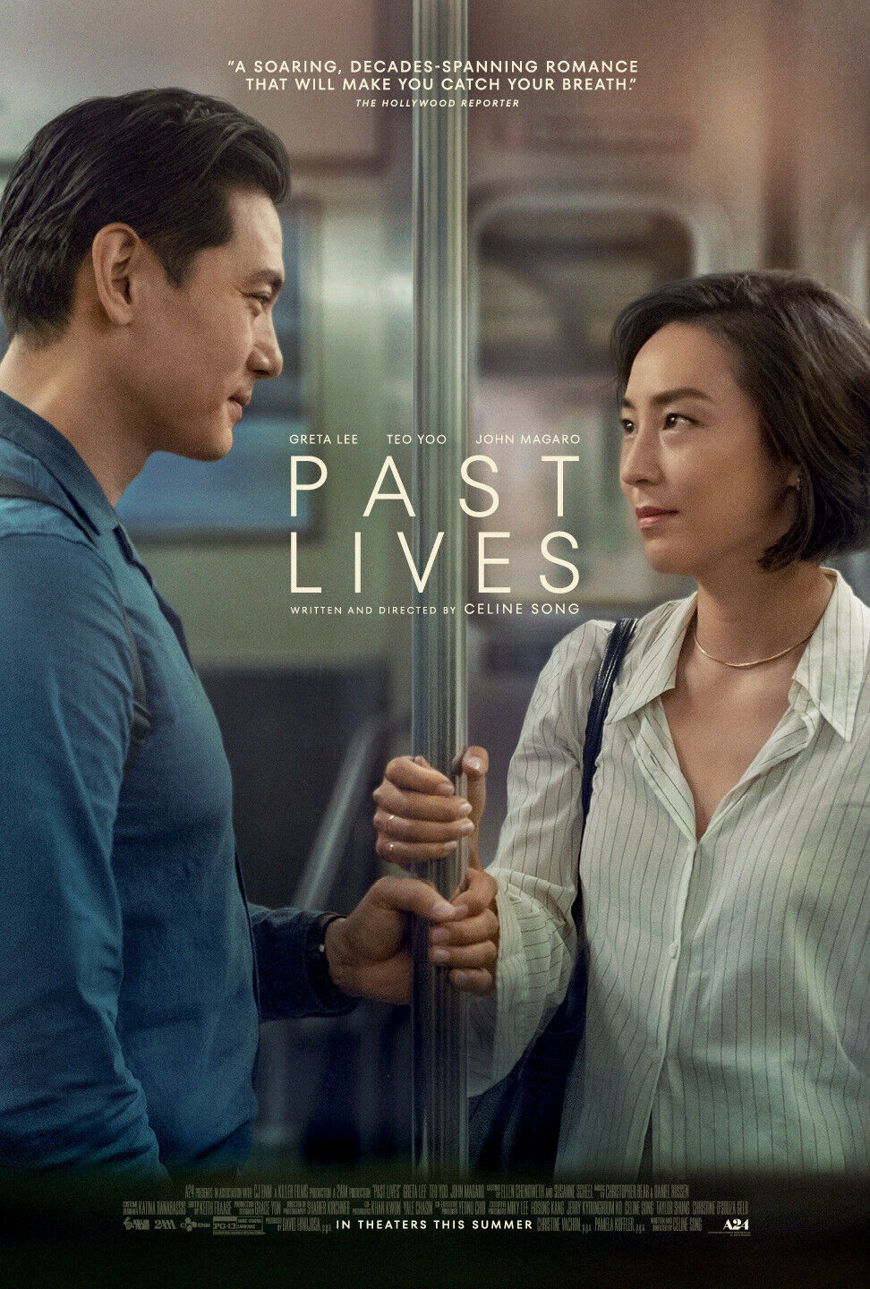 movie poster for the A24 film Past Lives showing cast members Greta Lee and Teo Yoo