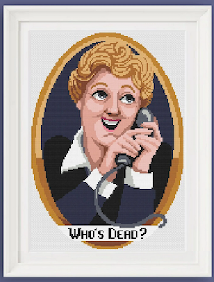 a cross stitching of Jessica Fletcher excitedly answering the phone asking "who'se dead"