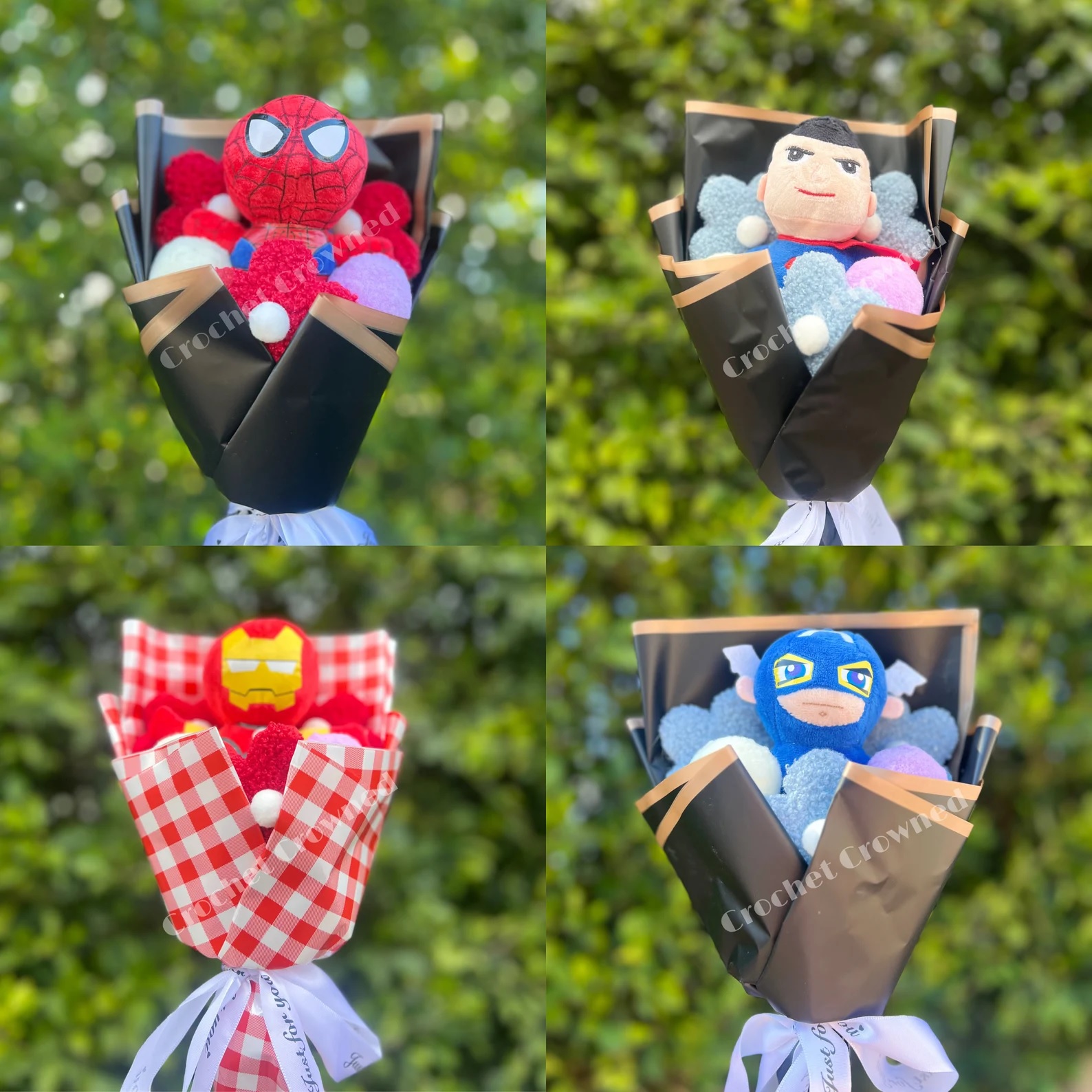 Four bouquets of crocheted flowers, each with a different superhero and color-themed to match that hero