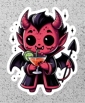 A cute sticker of a devil with a cocktail in a martini glass