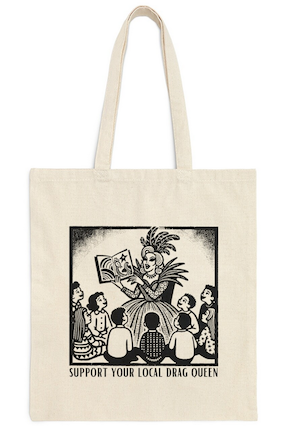 black and white screen print tote bag with a graphic image of a drag queen reading to kids in the library story time