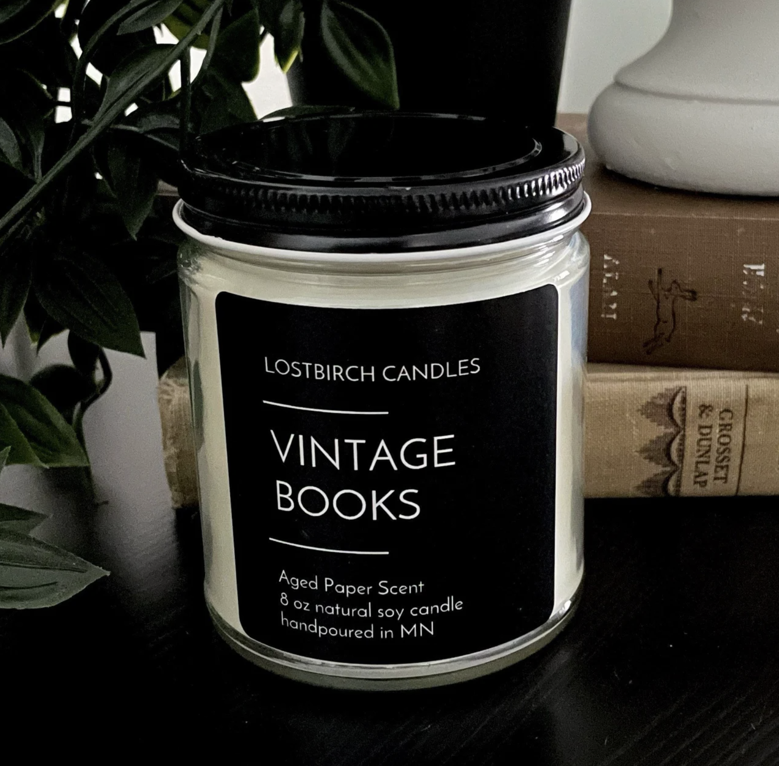 A white candle in a glass jar with a black label and black lid is set against a dark background with vintage books and a dark green plant. The label on the candle reads "lostbrich candles: vintage books"