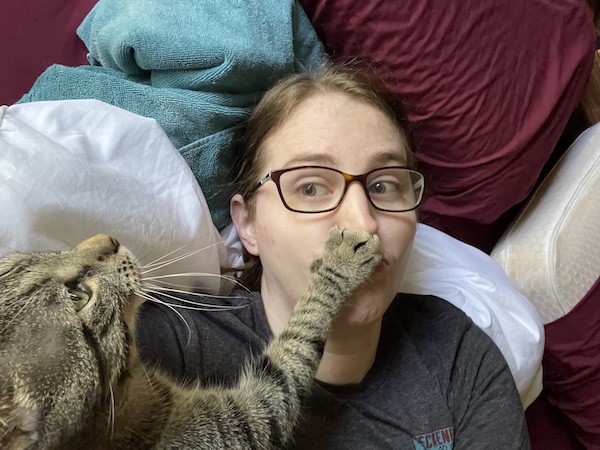 a brown tabby cat with its paw covering a woman's mouth 