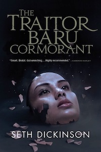 the cover of traitor baru cormorant, showing an Asian woman's face rendered as a mask, in the process of shattering into pieces