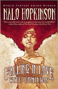 the cover of Falling in Love with Hominids, featuring aan illustration of a brown woman with a giant red fro. her eyes are closed and she appears to be sleeping or dreaming