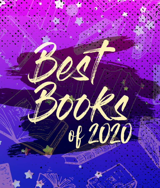 a purple and blue graphic with light yellow text; there are stars and outlines of floating books in the background