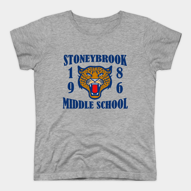 Image of a grey t-shirt which reads "Stoneybrook middle school 1985," with a tiger face. 