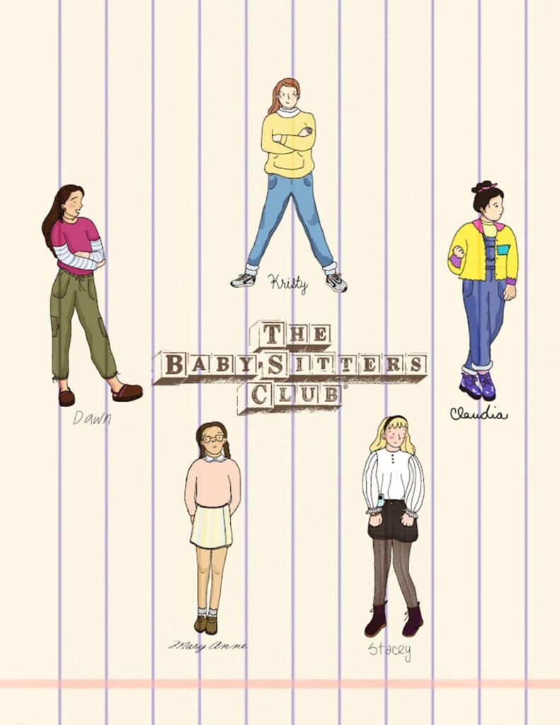 Image of the five first baby-sitters club characters on a background which looks like notebook paper. 